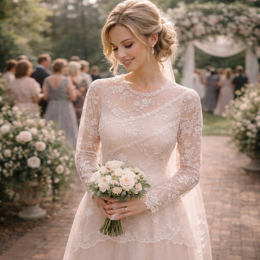 Michael Marcella Ltd Vintage Lace Wedding Dress‎ Blush Ivory Long Sleeve Size 14